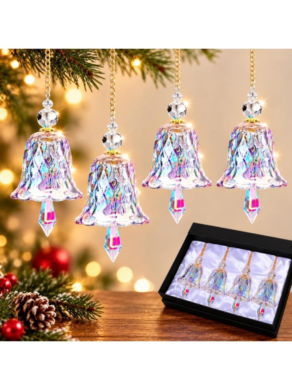 Colorful Crystal Glitter Christmas Bell Ornaments - 4 Pack, Festive Holiday